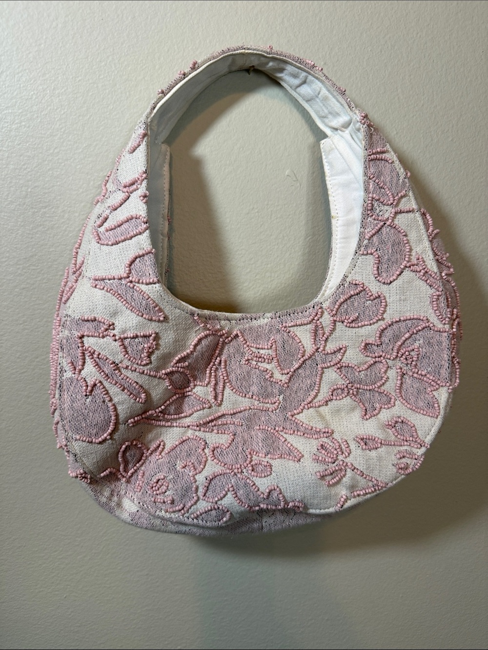 Pink Embroidered Crescent Shoulder Bag